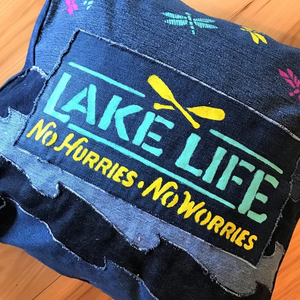 Lake House Pillow Cover 18 x 18, Lake Life Theme Cabin Decor Waves Dragonflies